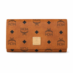 MCM cognac-colored all-over print + gold clasp multi-card slot zippered clutch for women