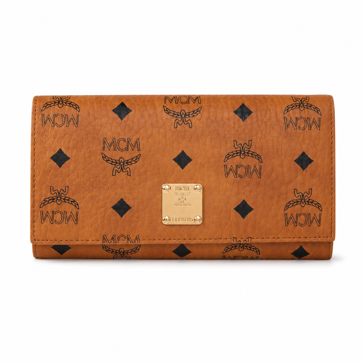 MCM cognac-colored all-over print + gold clasp multi-card slot zippered clutch for women