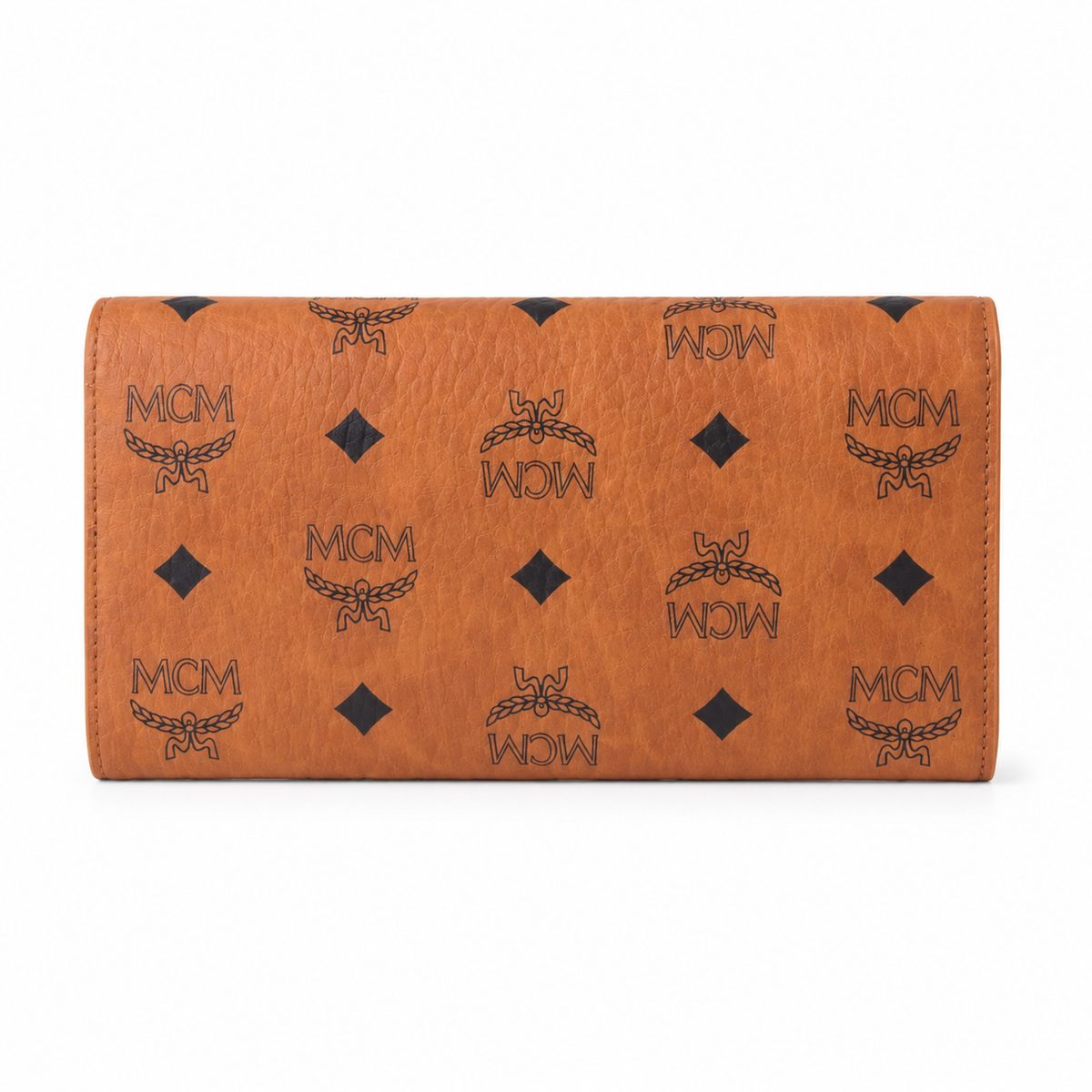 MCM cognac-colored all-over print + gold clasp multi-card slot zippered clutch for women