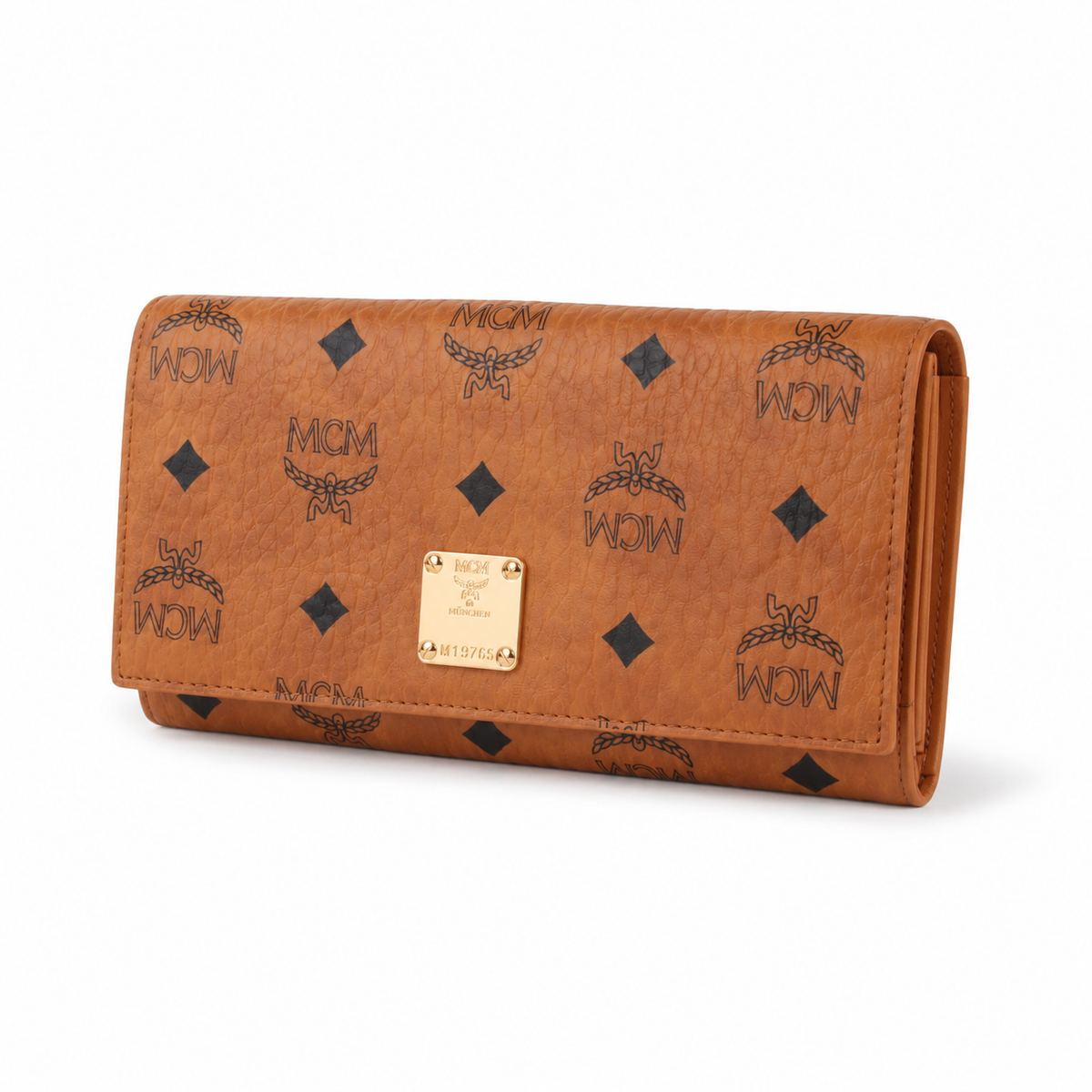 MCM cognac-colored all-over print + gold clasp multi-card slot zippered clutch for women