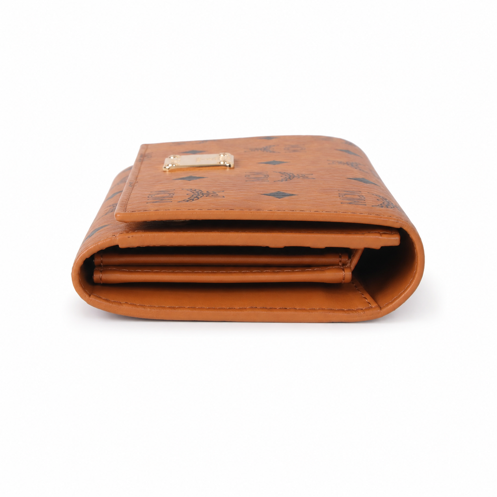 MCM cognac-colored all-over print + gold clasp multi-card slot zippered clutch for women