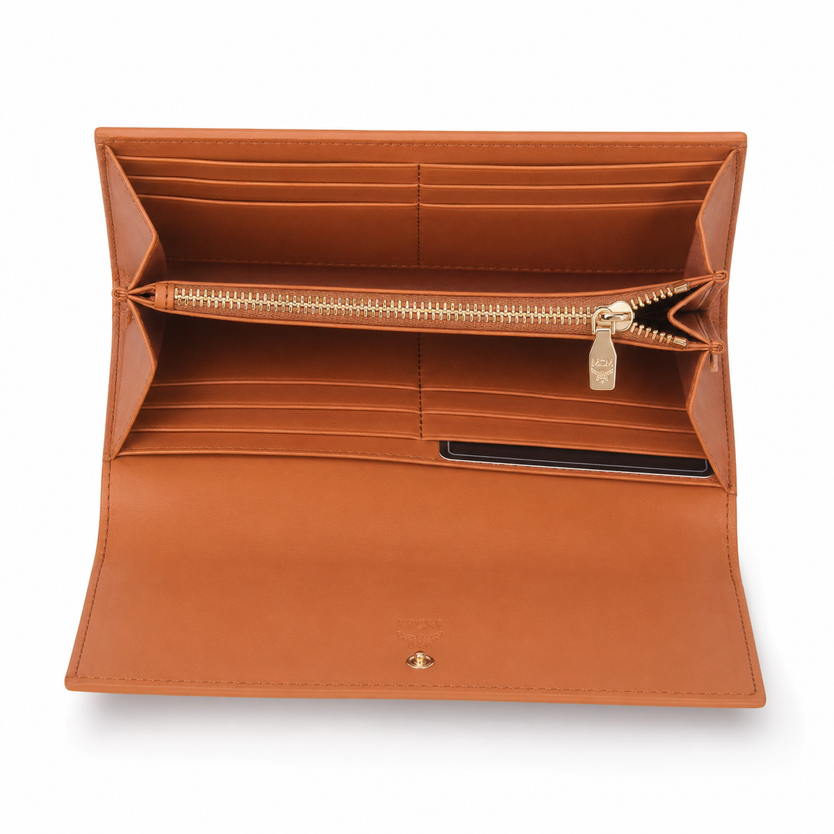 MCM cognac-colored all-over print + gold clasp multi-card slot zippered clutch for women