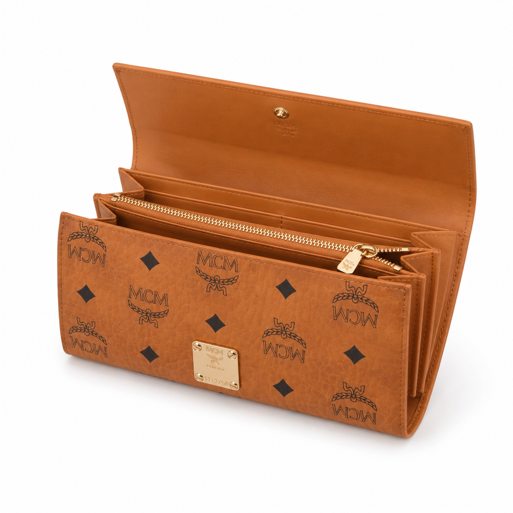 MCM cognac-colored all-over print + gold clasp multi-card slot zippered clutch for women