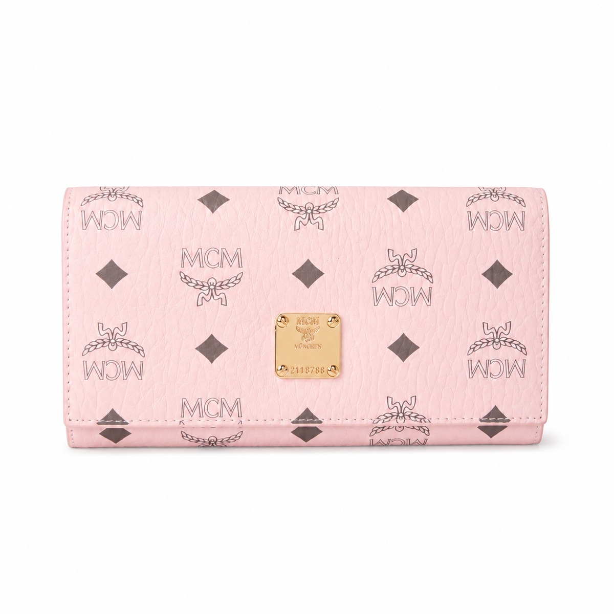MCM pink all-over print with gold clasp multi-card slot zippered clutch for women