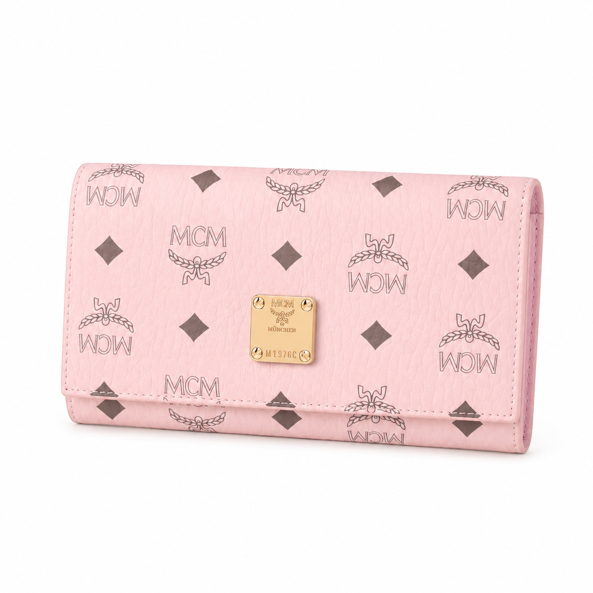 MCM pink all-over print with gold clasp multi-card slot zippered clutch for women