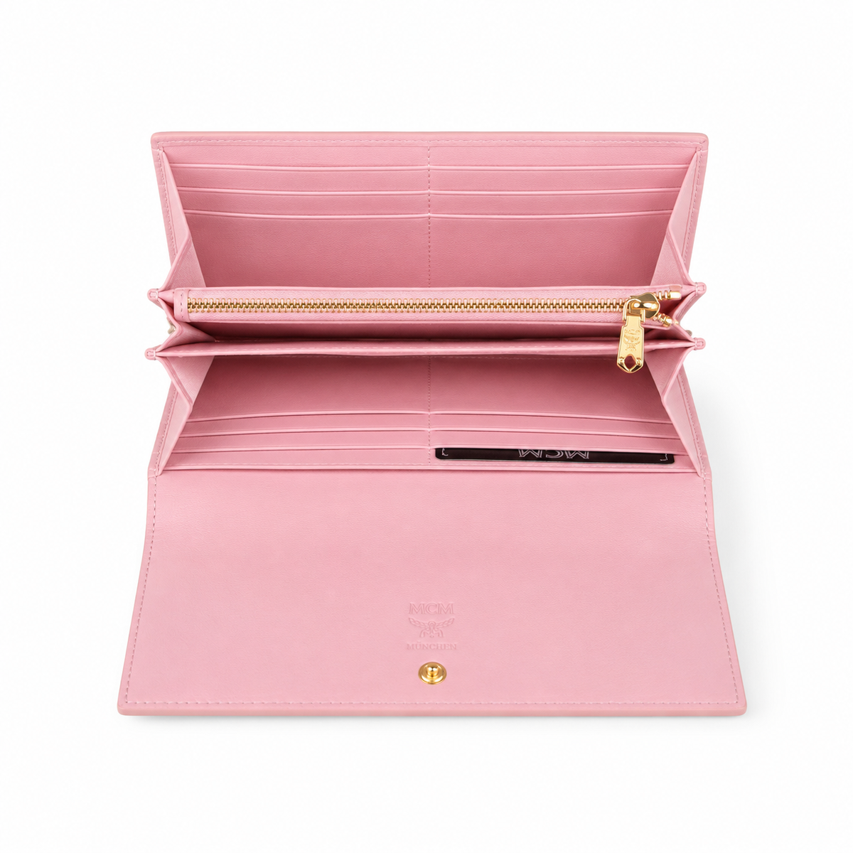 MCM pink all-over print with gold clasp multi-card slot zippered clutch for women