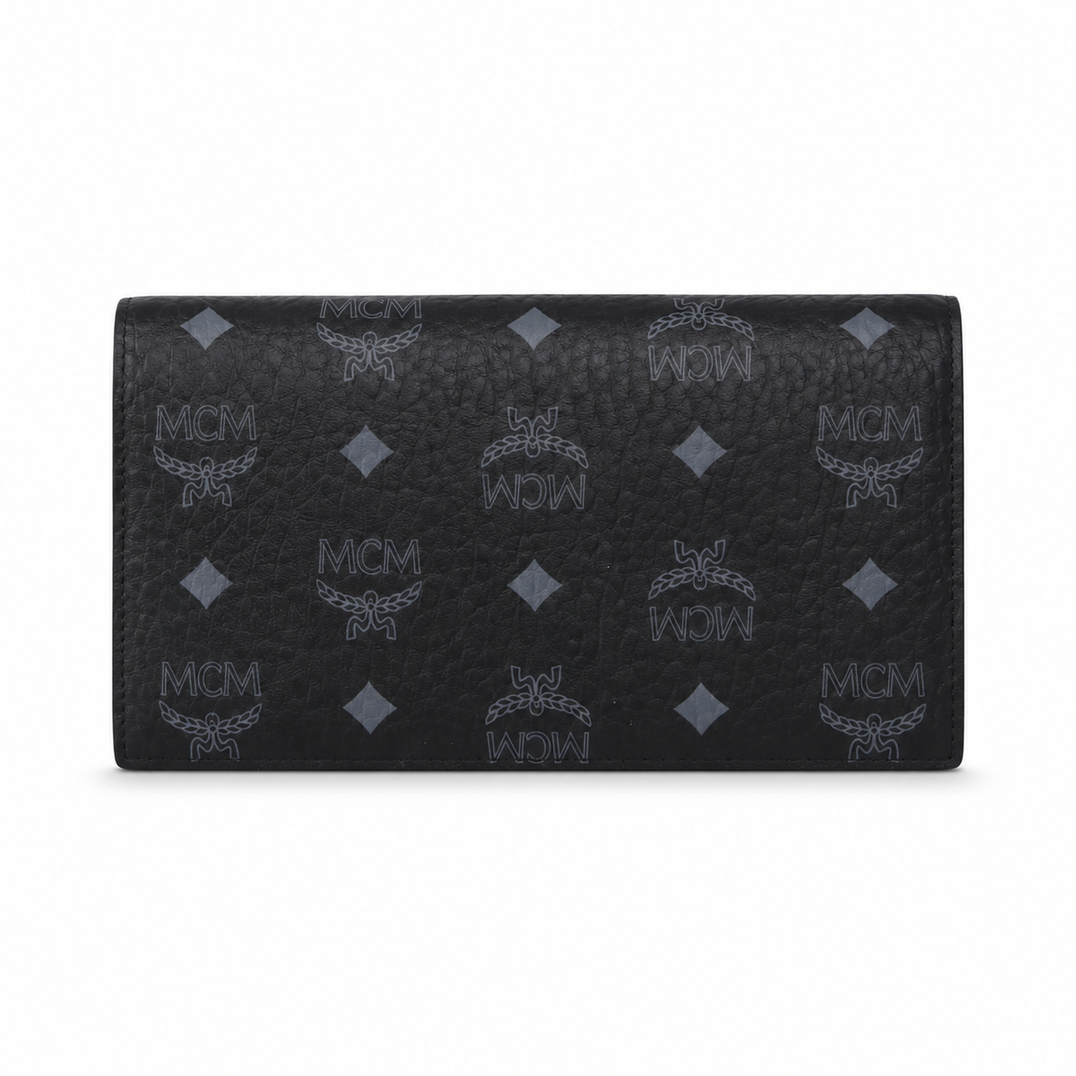 MCM women's clutch bag with all-over print in black and gold clasp featuring multiple card slots and zippered compartments