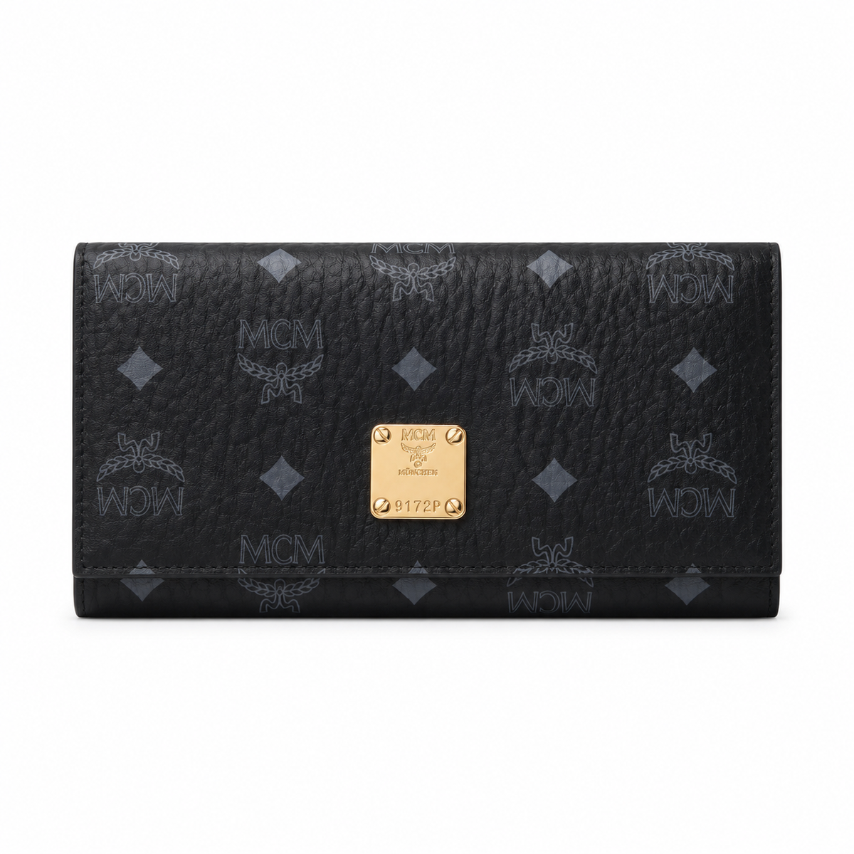 MCM women's clutch bag with all-over print in black and gold clasp featuring multiple card slots and zippered compartments