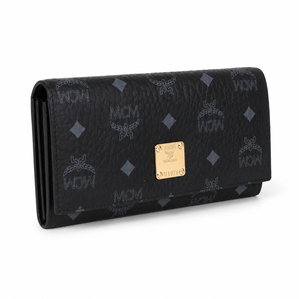 MCM women's clutch bag with all-over print in black and gold clasp featuring multiple card slots and zippered compartments