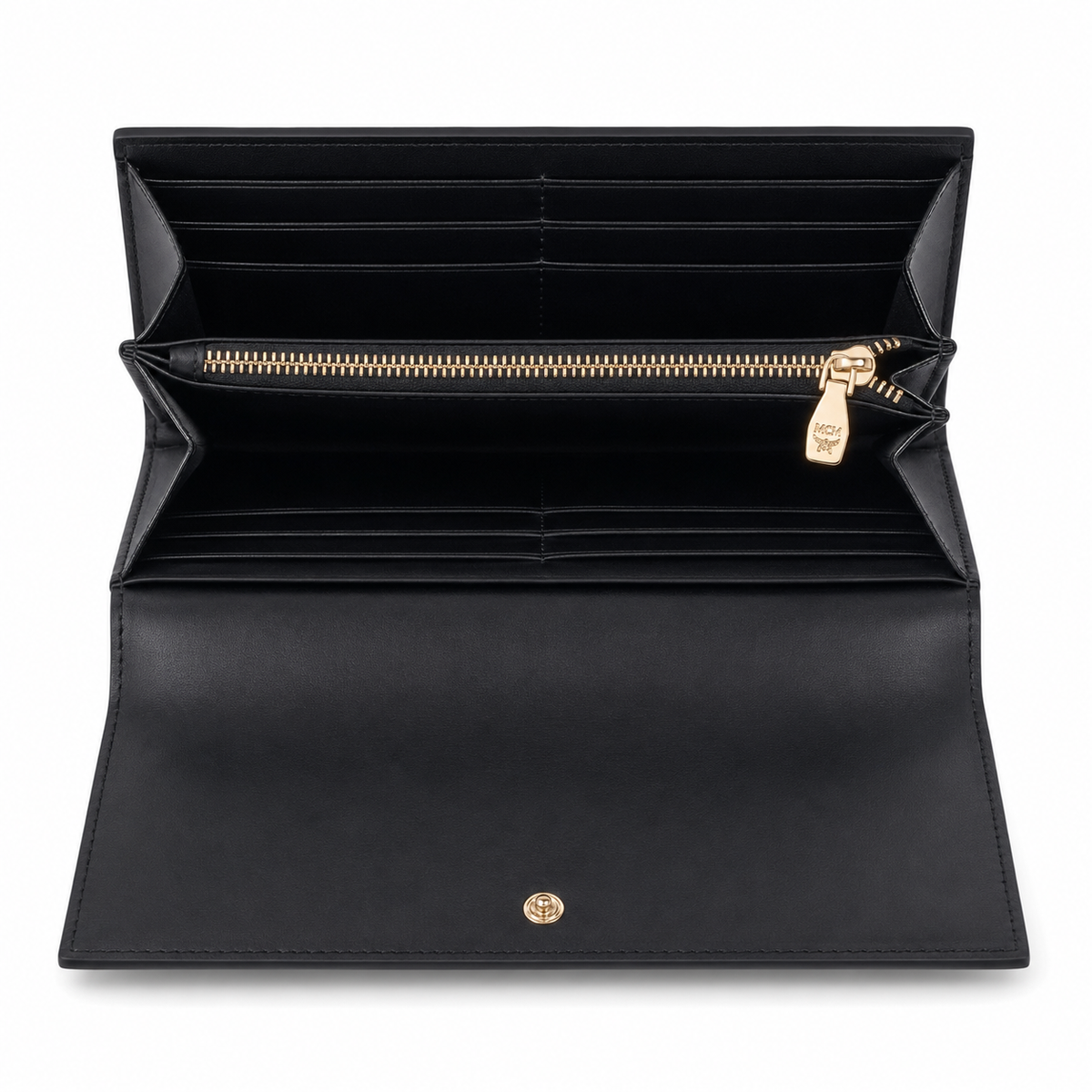 MCM women's clutch bag with all-over print in black and gold clasp featuring multiple card slots and zippered compartments