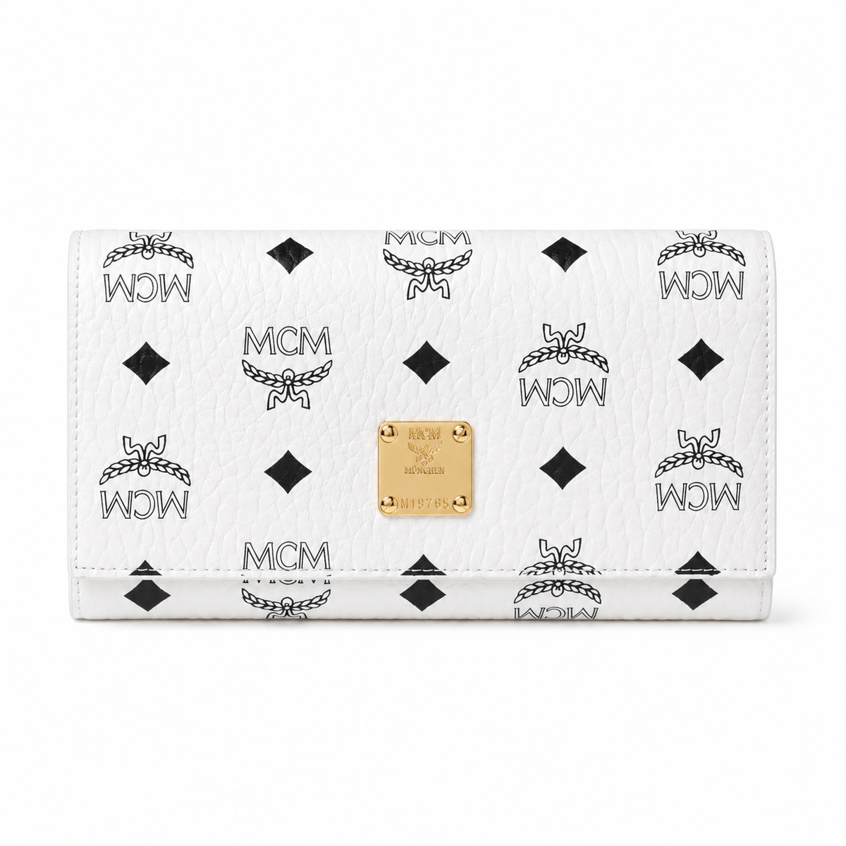 MCM white all-over print with gold clasp multi-card slot zippered clutch for women