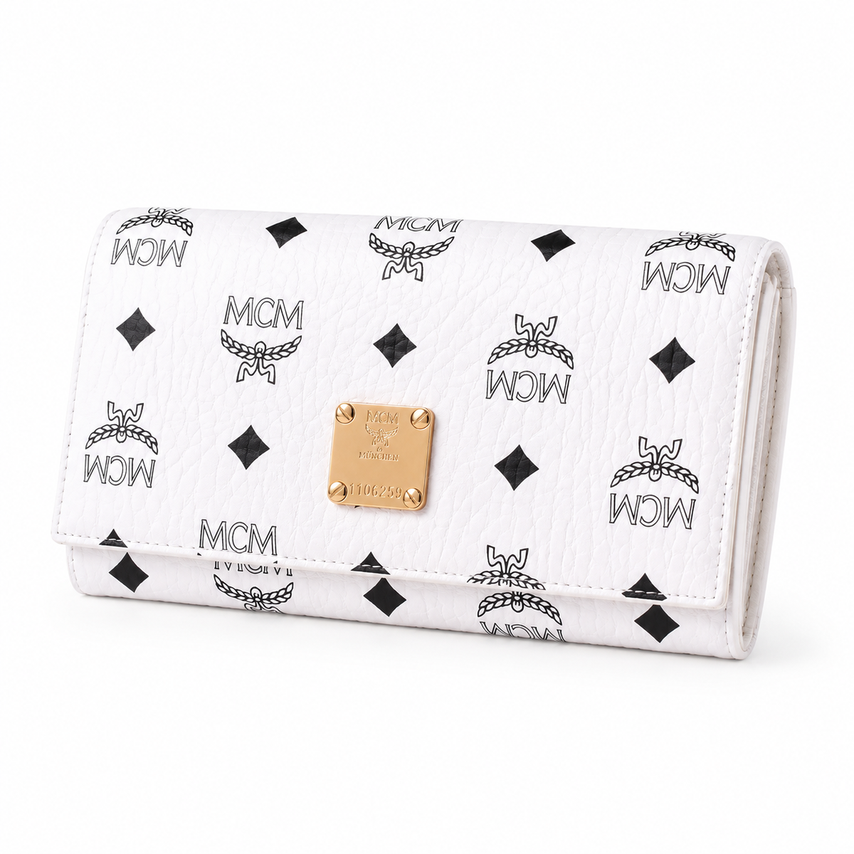 MCM white all-over print with gold clasp multi-card slot zippered clutch for women