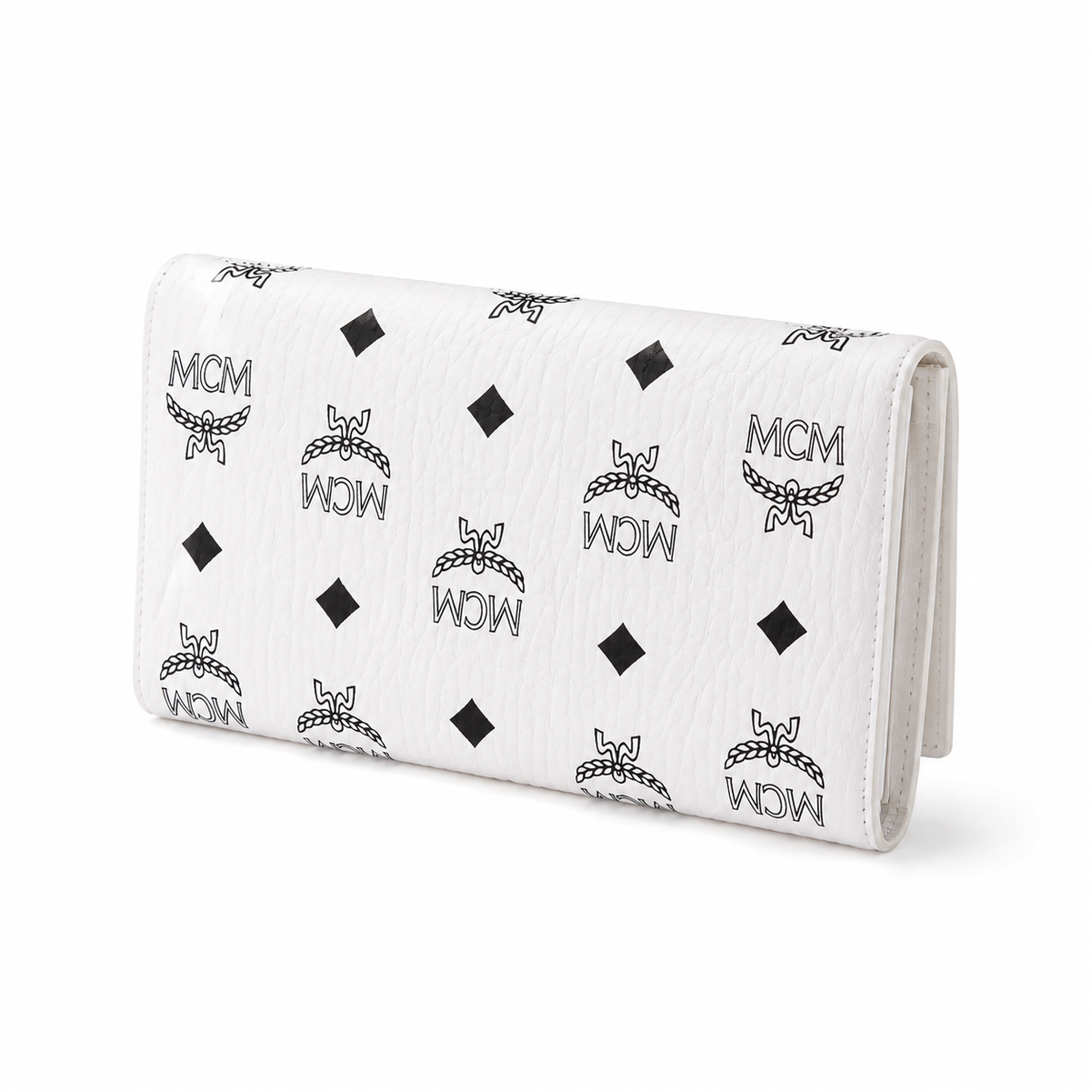 MCM white all-over print with gold clasp multi-card slot zippered clutch for women