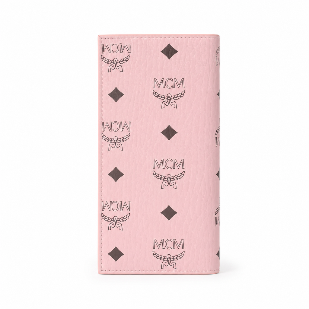 MCM pink all-over print with gold clasp multi-card slot zippered clutch for women