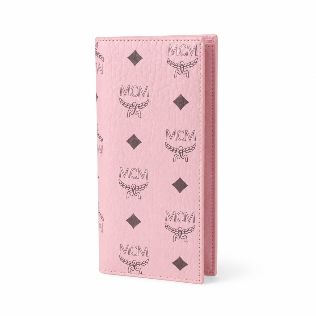 MCM pink all-over print with gold clasp multi-card slot zippered clutch for women