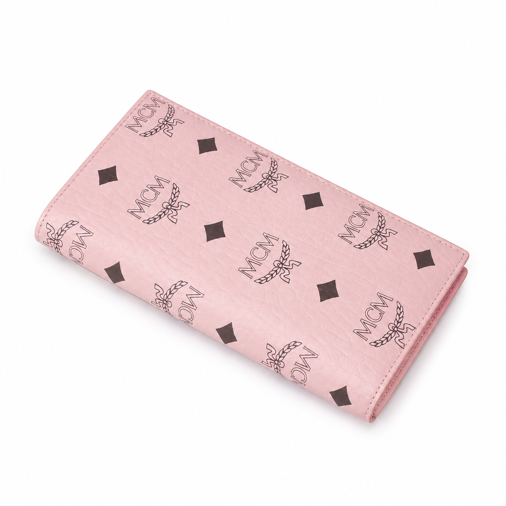MCM pink all-over print with gold clasp multi-card slot zippered clutch for women