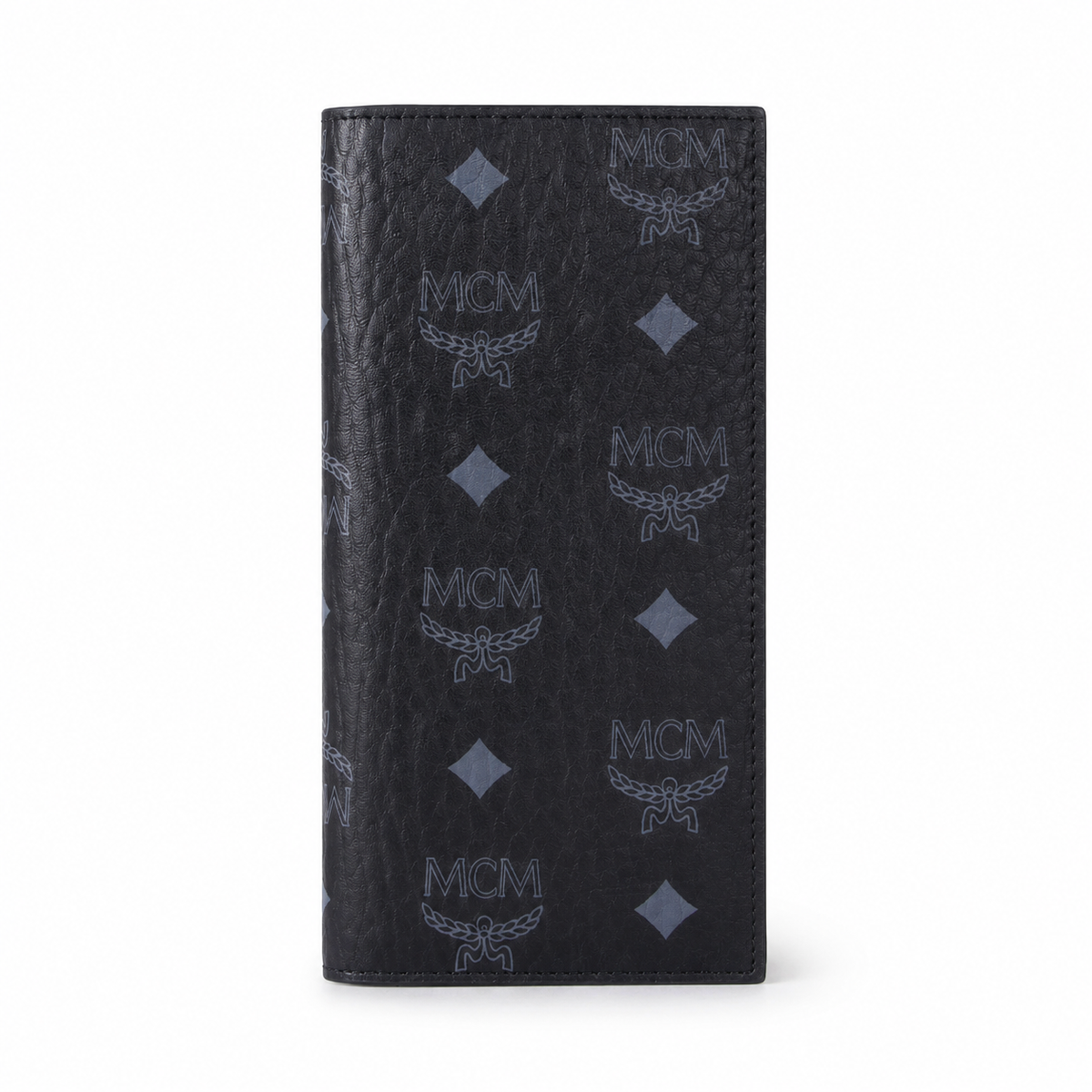 MCM men's clutch bag with all-over print and gold clasp multiple card slots and zippered compartments