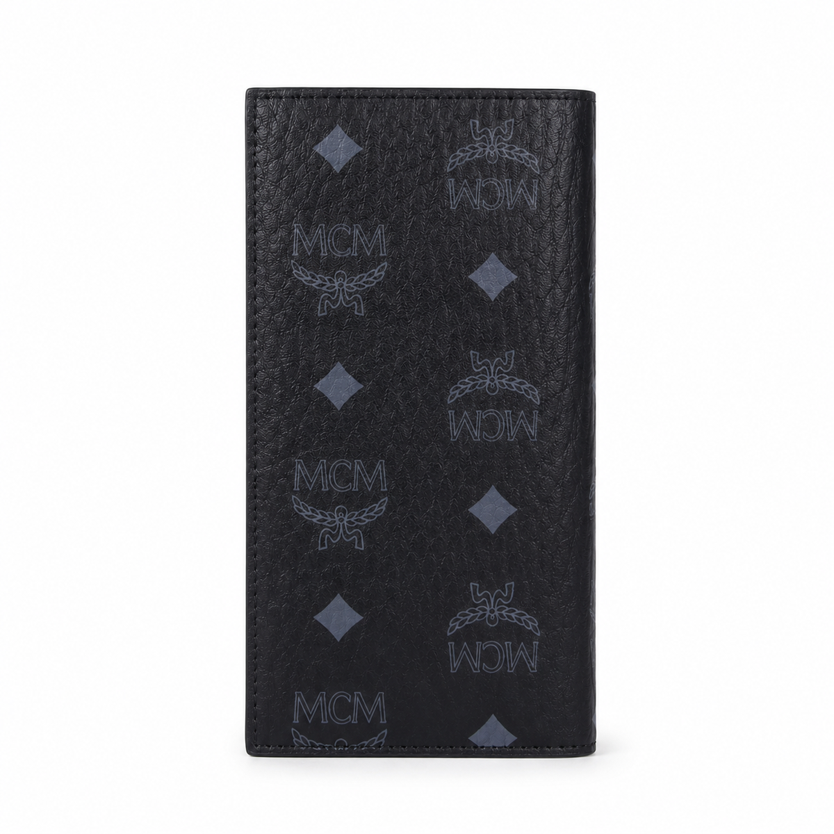 MCM men's clutch bag with all-over print and gold clasp multiple card slots and zippered compartments