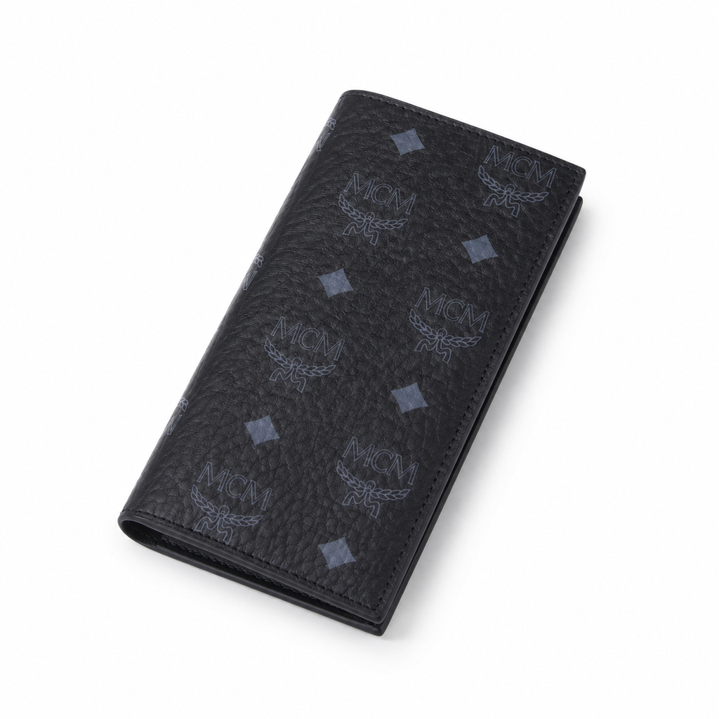 MCM men's clutch bag with all-over print and gold clasp multiple card slots and zippered compartments