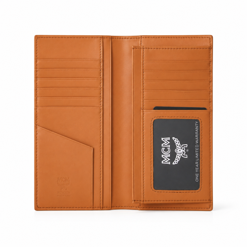 MCM Cognac Brown All-over Print + Gold Lock Clasp  Women's Clutch with Multiple Card Slots and Zipper Compartments