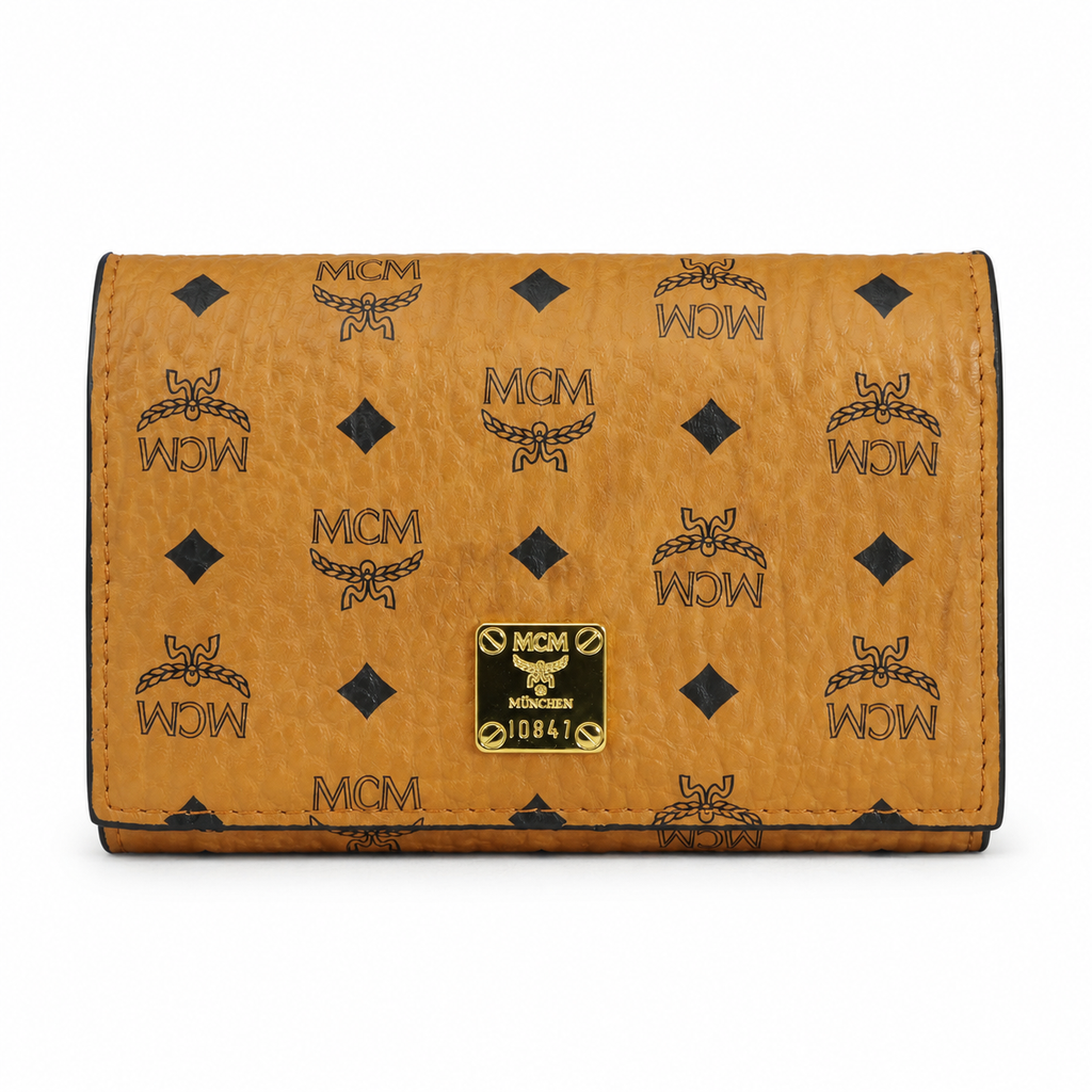 MCM Cognac Brown All-over Print + Gold Lock Clasp, Women's Clutch with Multiple Card Slots and Zipper Compartments
