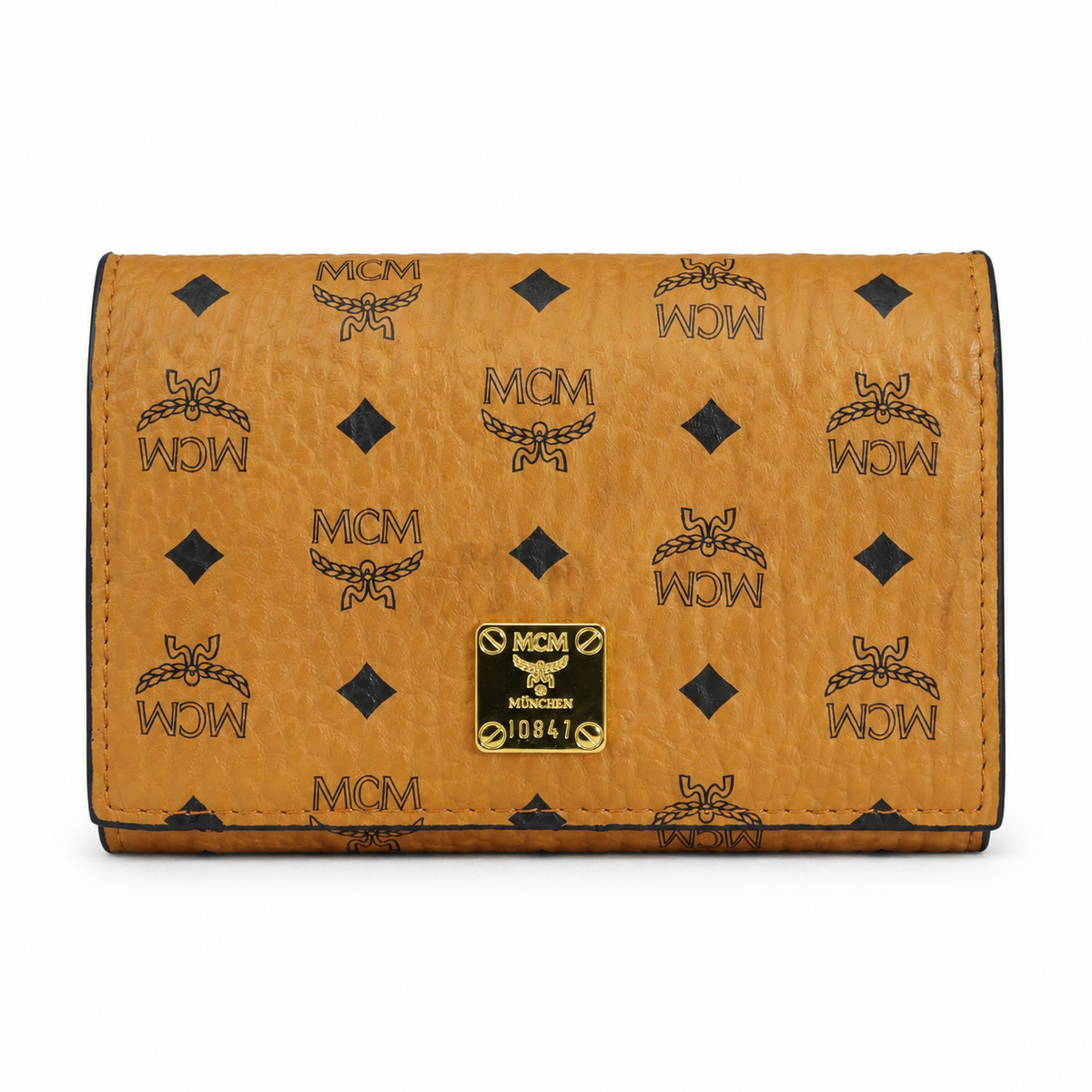 MCM Cognac Brown All-over Print + Gold Lock Clasp, Women's Clutch with Multiple Card Slots and Zipper Compartments