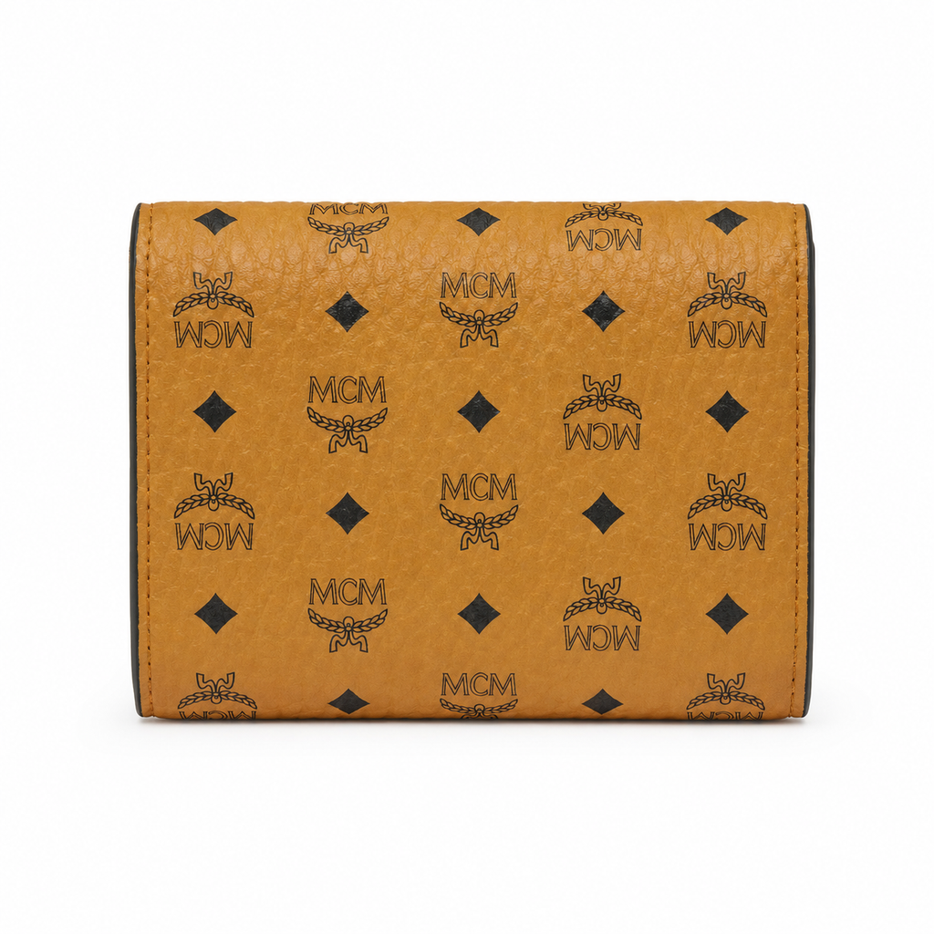 MCM Cognac Brown All-over Print + Gold Lock Clasp, Women's Clutch with Multiple Card Slots and Zipper Compartments