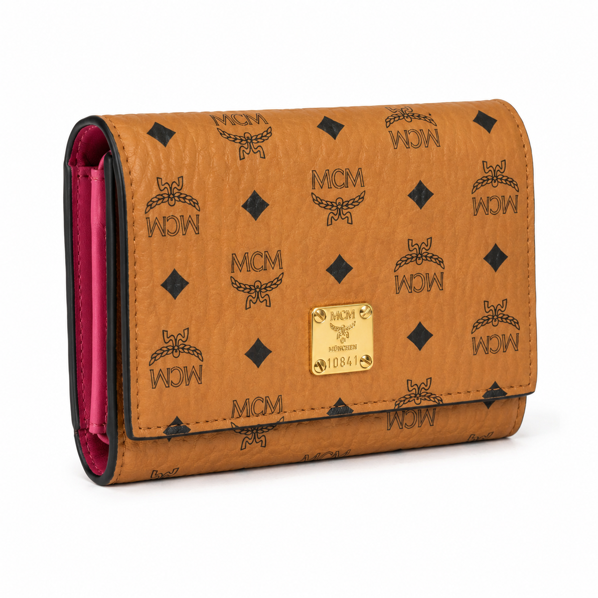 MCM Cognac Brown All-over Print + Gold Lock Clasp, Women's Clutch with Multiple Card Slots and Zipper Compartments