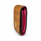 MCM Cognac Brown All-over Print + Gold Lock Clasp, Women's Clutch with Multiple Card Slots and Zipper Compartments