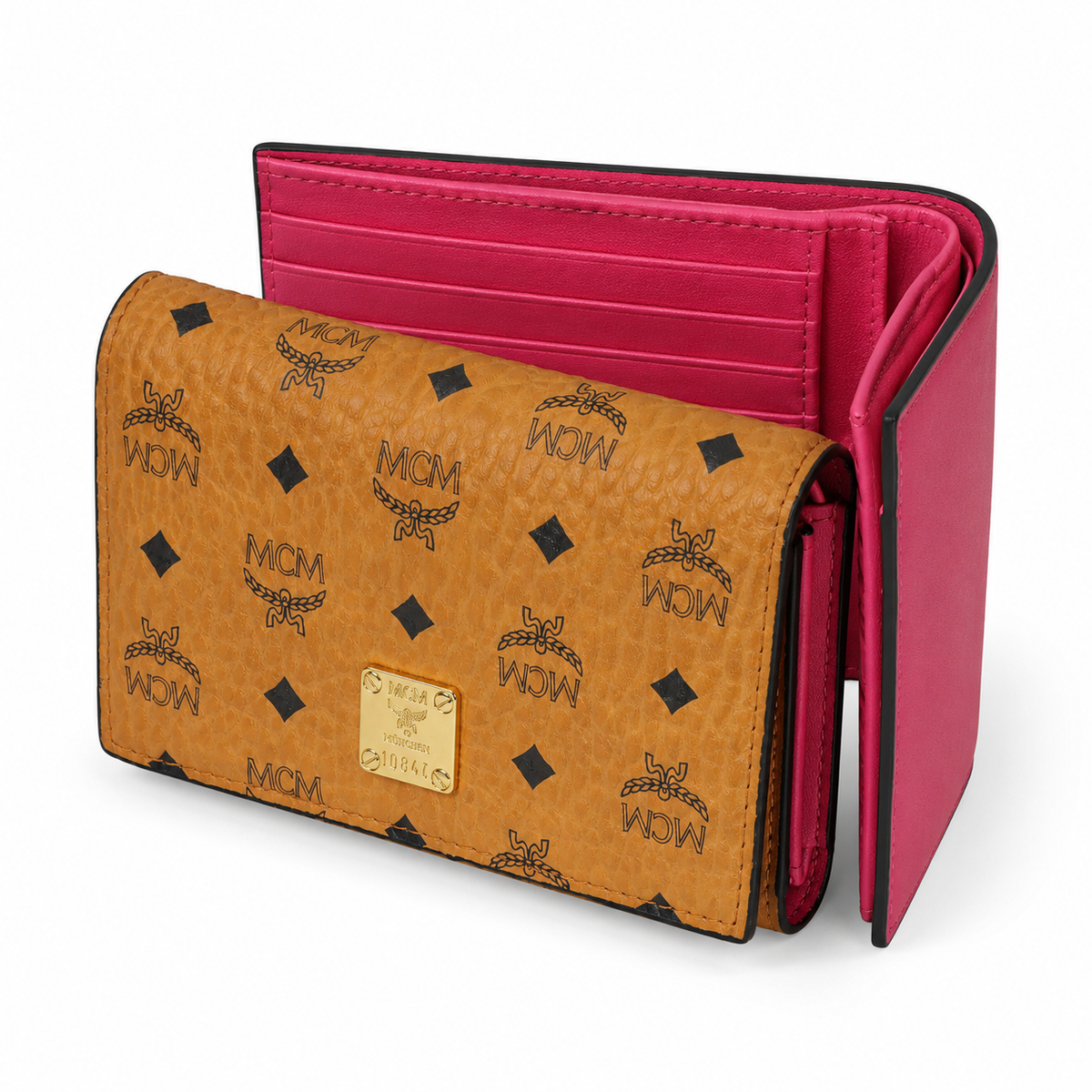 MCM Cognac Brown All-over Print + Gold Lock Clasp, Women's Clutch with Multiple Card Slots and Zipper Compartments