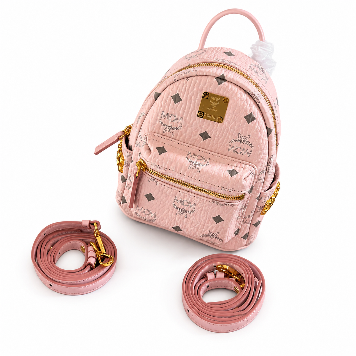 MCM Cherry Blossom Pink with Gold Studs Three-way crossbody bag/handbag/backpack with detachable shoulder strap