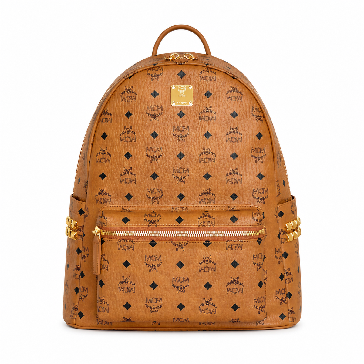 MCM Stark series classic Visetos print | Cognac brown with gold studs unisex large-capacity commuter/travel bag