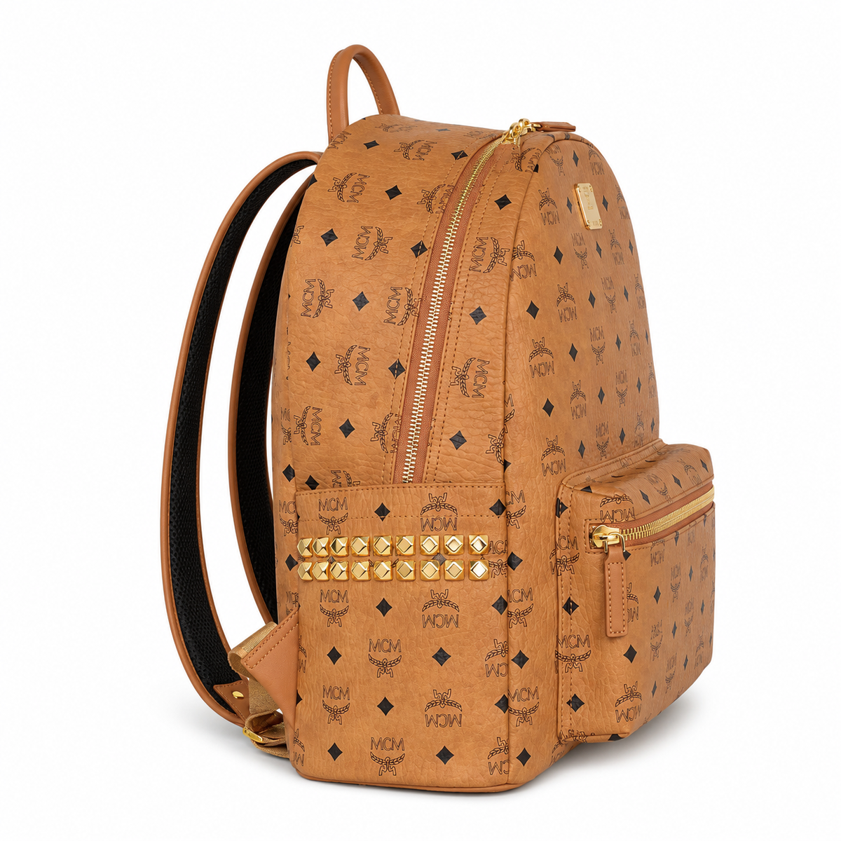 MCM Stark series classic Visetos print | Cognac brown with gold studs unisex large-capacity commuter/travel bag