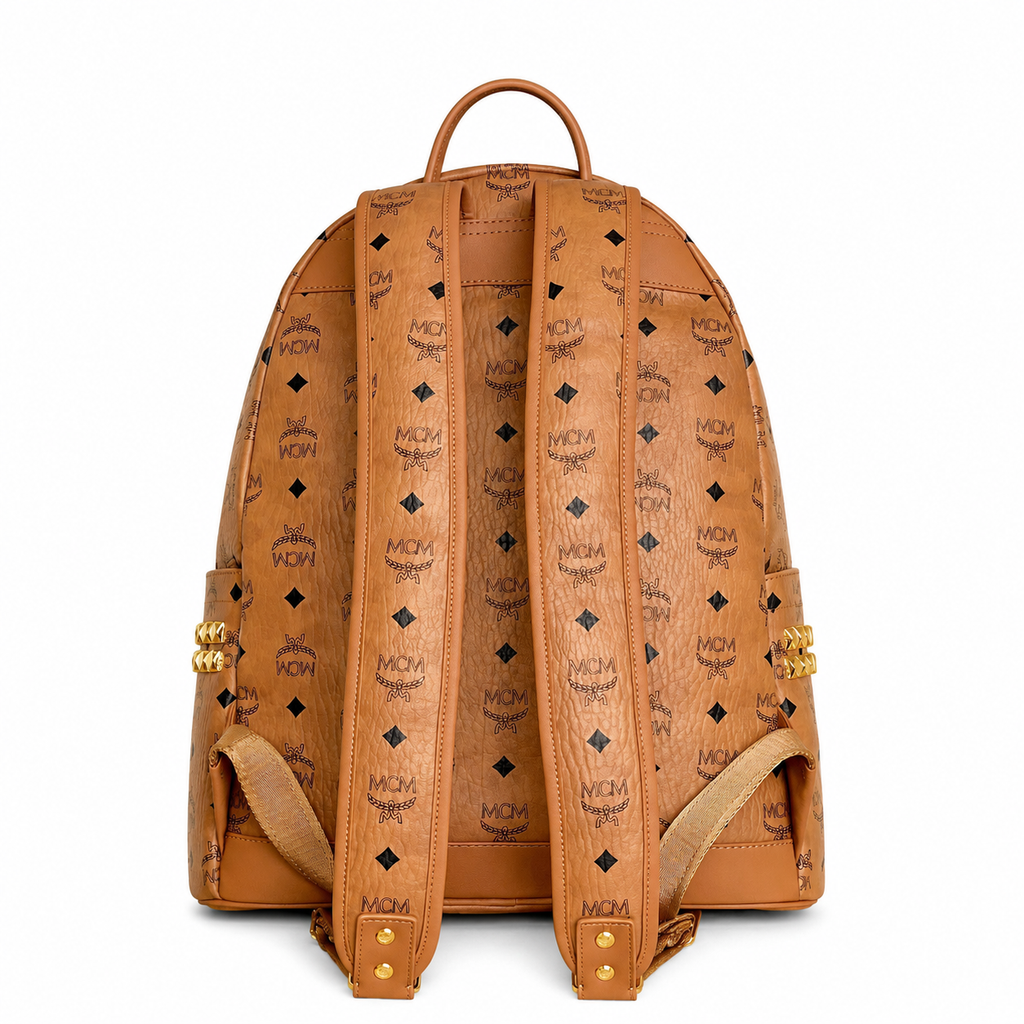 MCM Stark series classic Visetos print | Cognac brown with gold studs unisex large-capacity commuter/travel bag