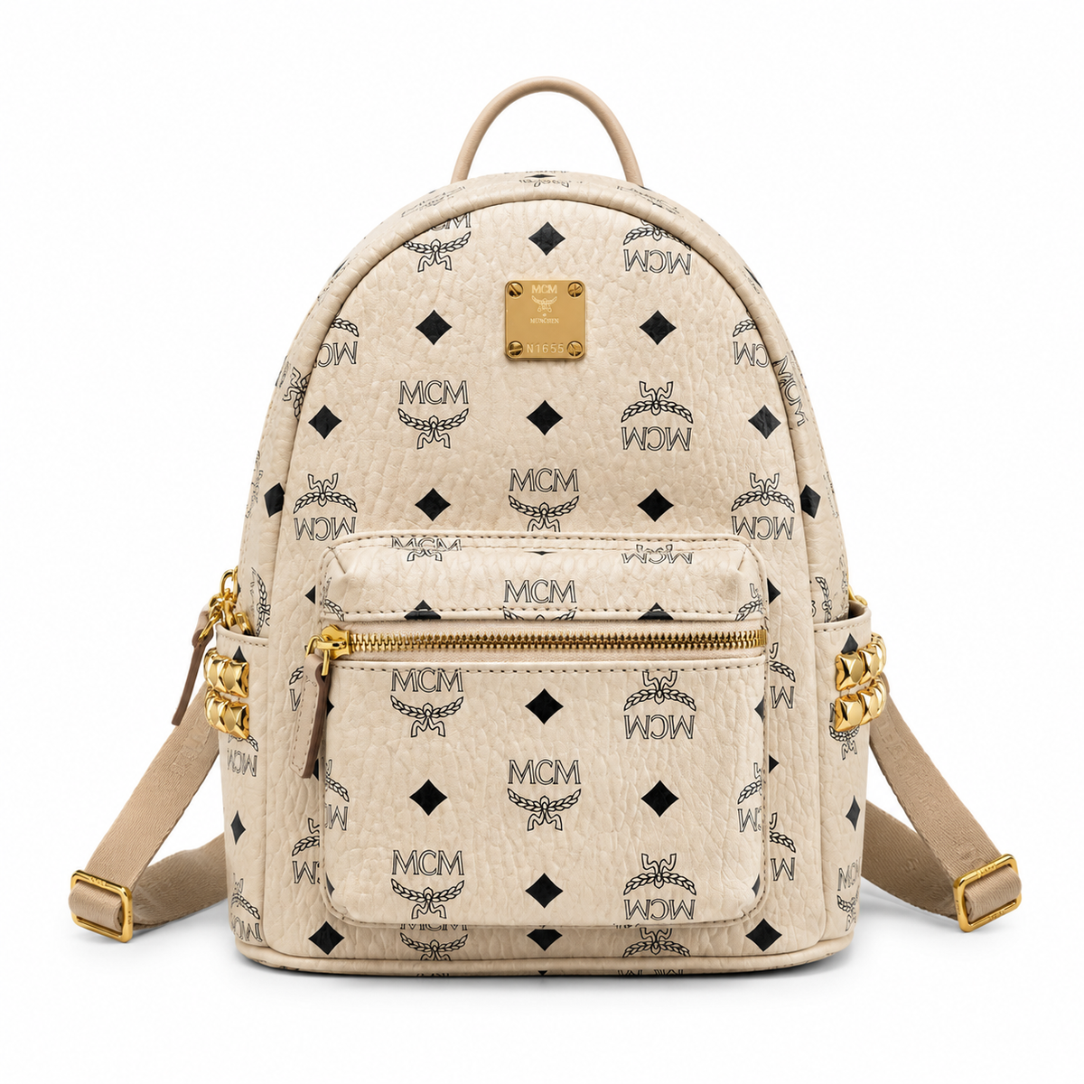 MCM Stark series classic Visetos print beige with gold studs unisex large-capacity commuter/travel bag