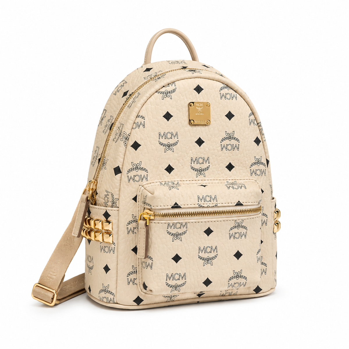 MCM Stark series classic Visetos print beige with gold studs unisex large-capacity commuter/travel bag