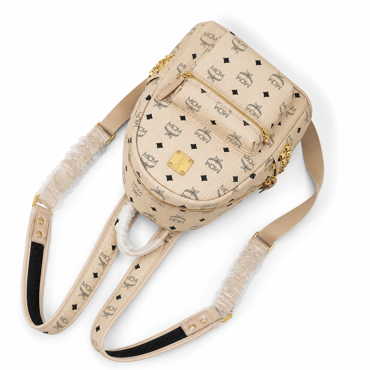 MCM Stark series classic Visetos print beige with gold studs unisex large-capacity commuter/travel bag