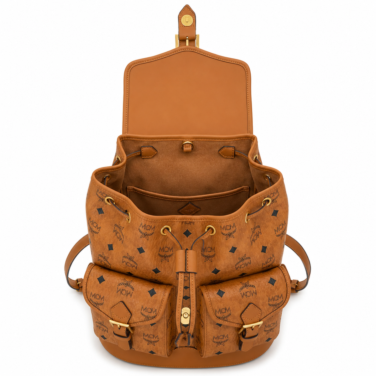 MCM Aren series classic Visetos print cognac brown with gold buckle unisex large-capacity commuter/travel bag