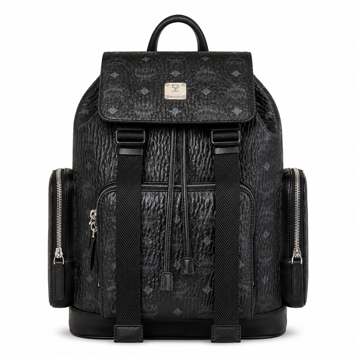 MCM Brandenburg series black Visetos print backpack/travel bag with flap drawstring closure and two side pockets unisex large-capacity commuter/school bag/travel bag