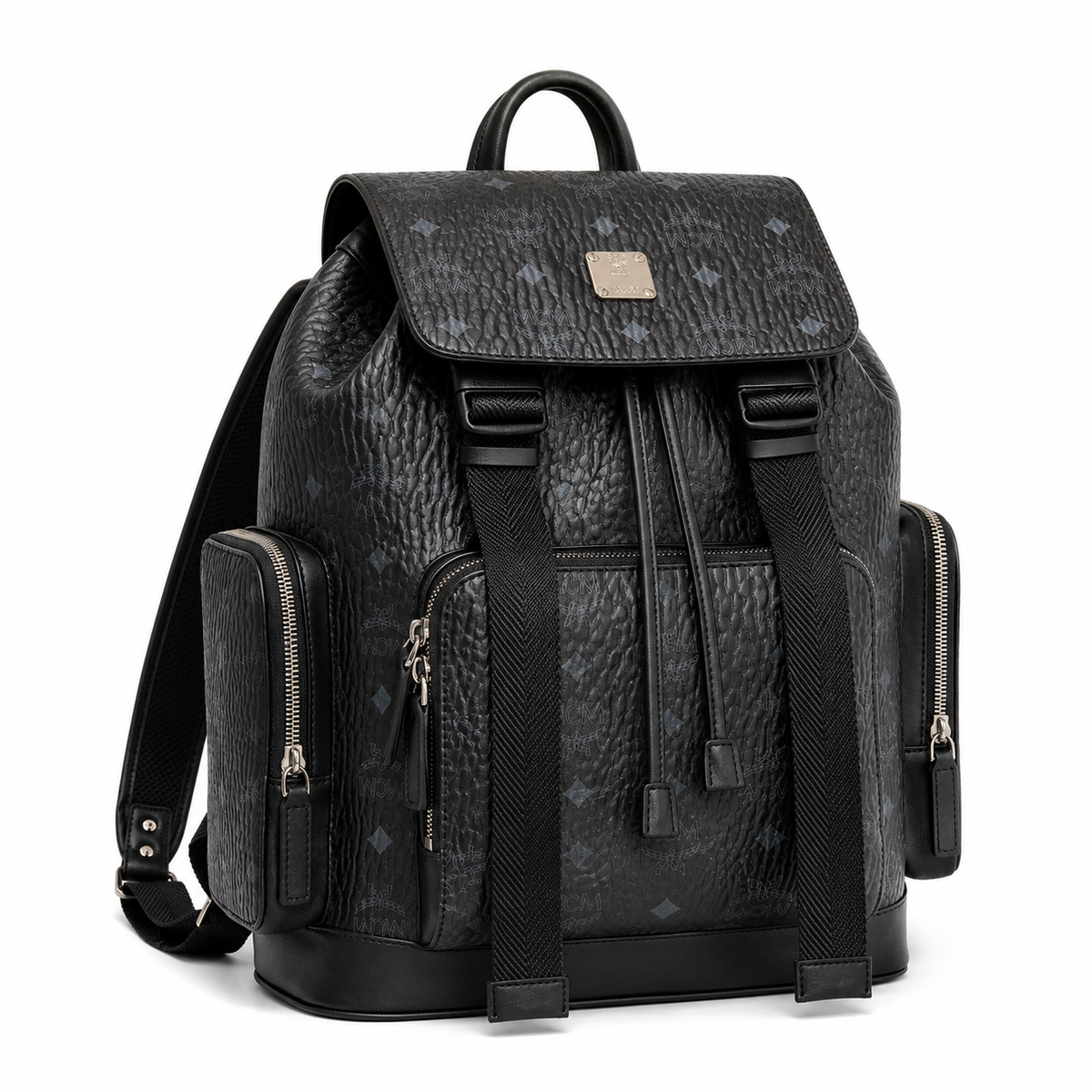 MCM Brandenburg series black Visetos print backpack/travel bag with flap drawstring closure and two side pockets unisex large-capacity commuter/school bag/travel bag