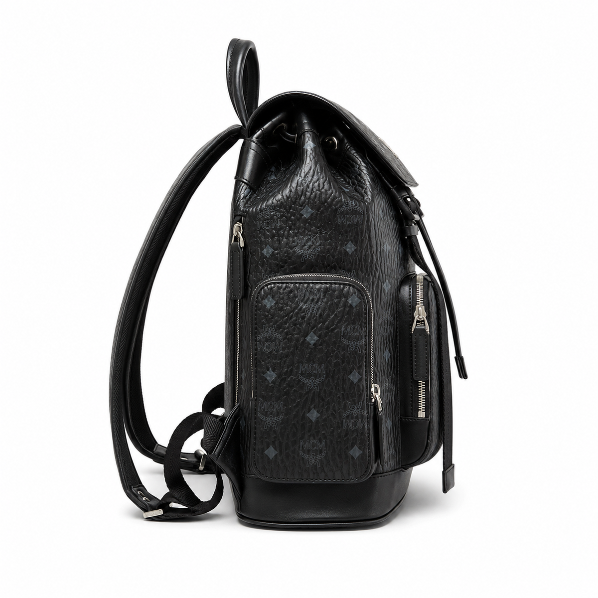 MCM Brandenburg series black Visetos print backpack/travel bag with flap drawstring closure and two side pockets unisex large-capacity commuter/school bag/travel bag