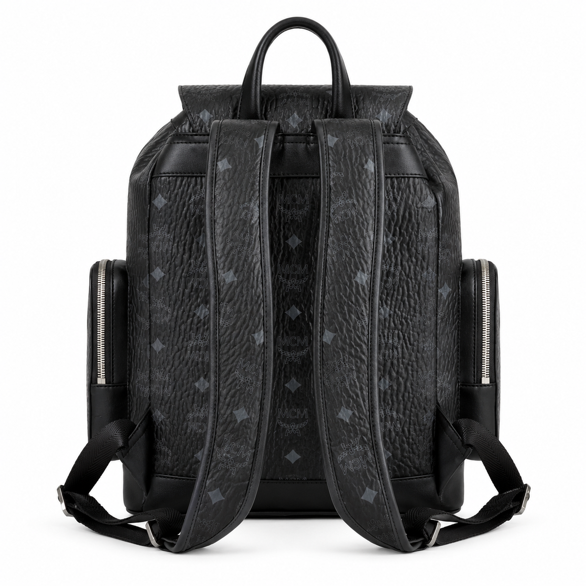 MCM Brandenburg series black Visetos print backpack/travel bag with flap drawstring closure and two side pockets unisex large-capacity commuter/school bag/travel bag