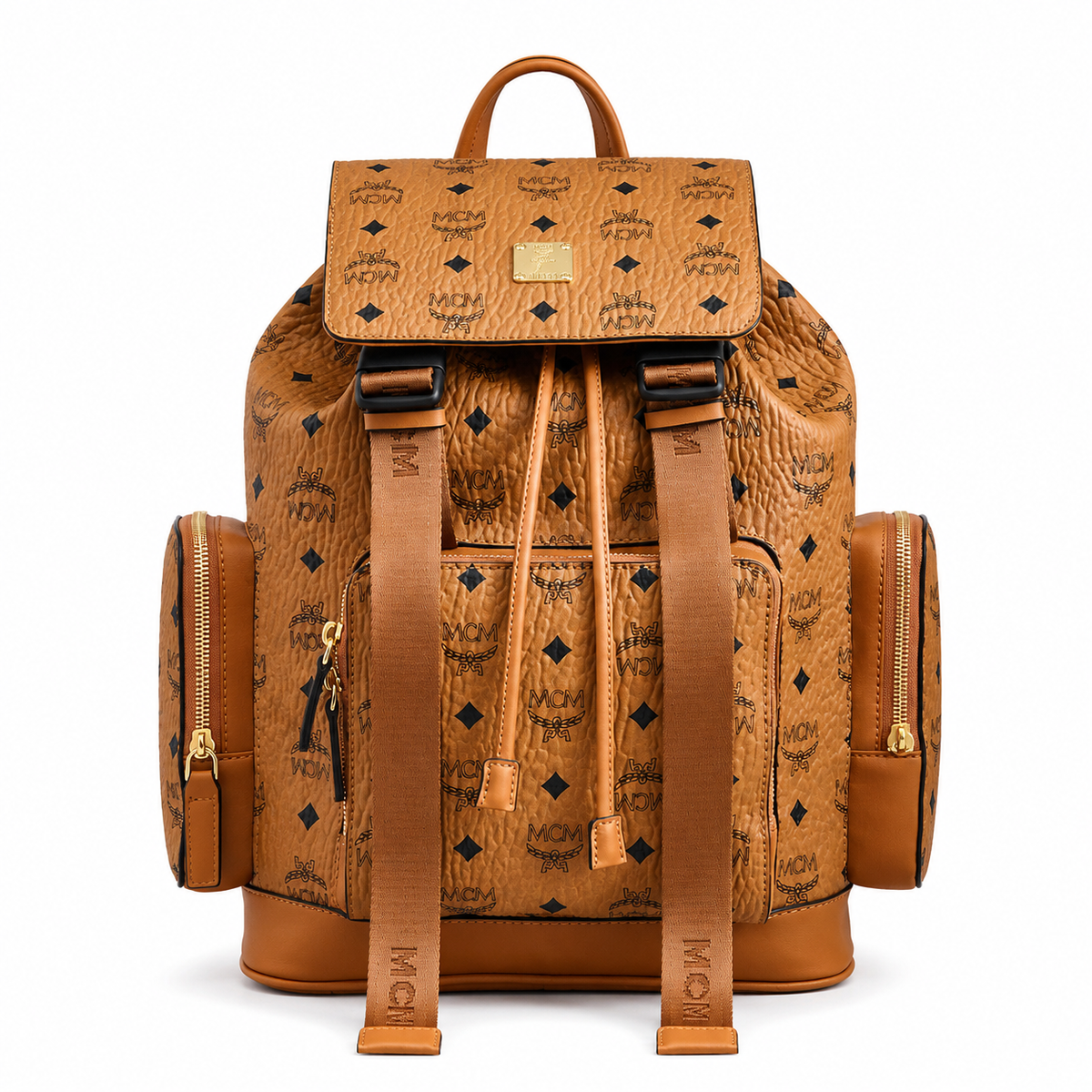 MCM Brandenburg series classic Visetos print cognac brown color + flap drawstring + double side pockets, unisex large-capacity commuter/travel bag