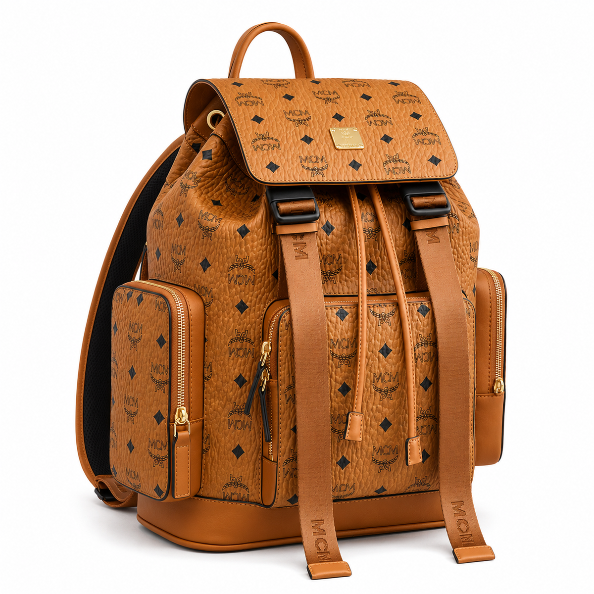 MCM Brandenburg series classic Visetos print cognac brown color + flap drawstring + double side pockets, unisex large-capacity commuter/travel bag