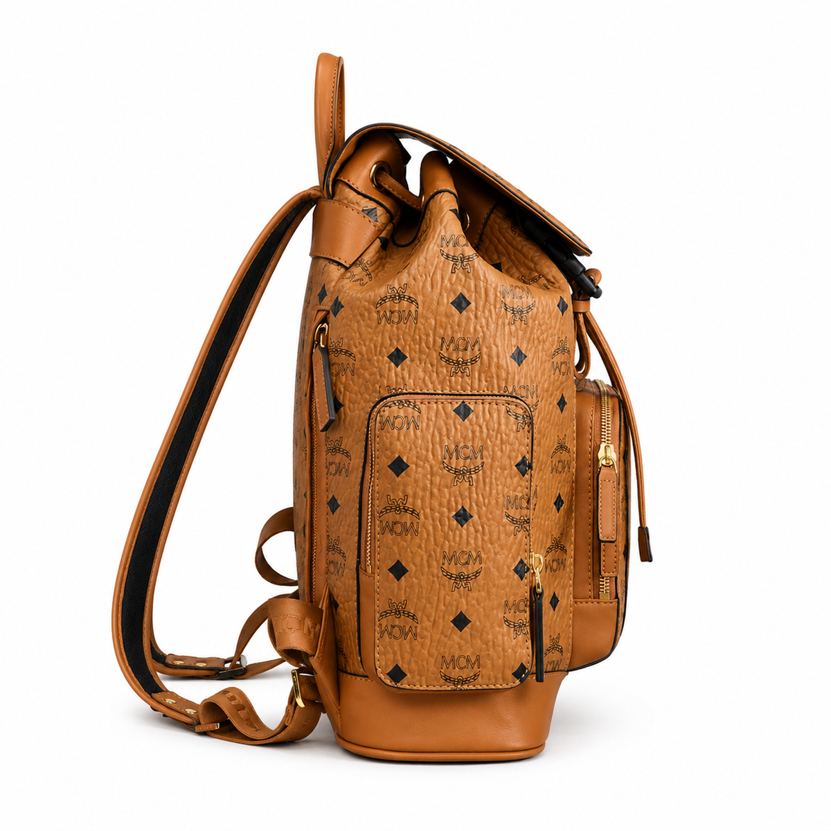 MCM Brandenburg series classic Visetos print cognac brown color + flap drawstring + double side pockets, unisex large-capacity commuter/travel bag