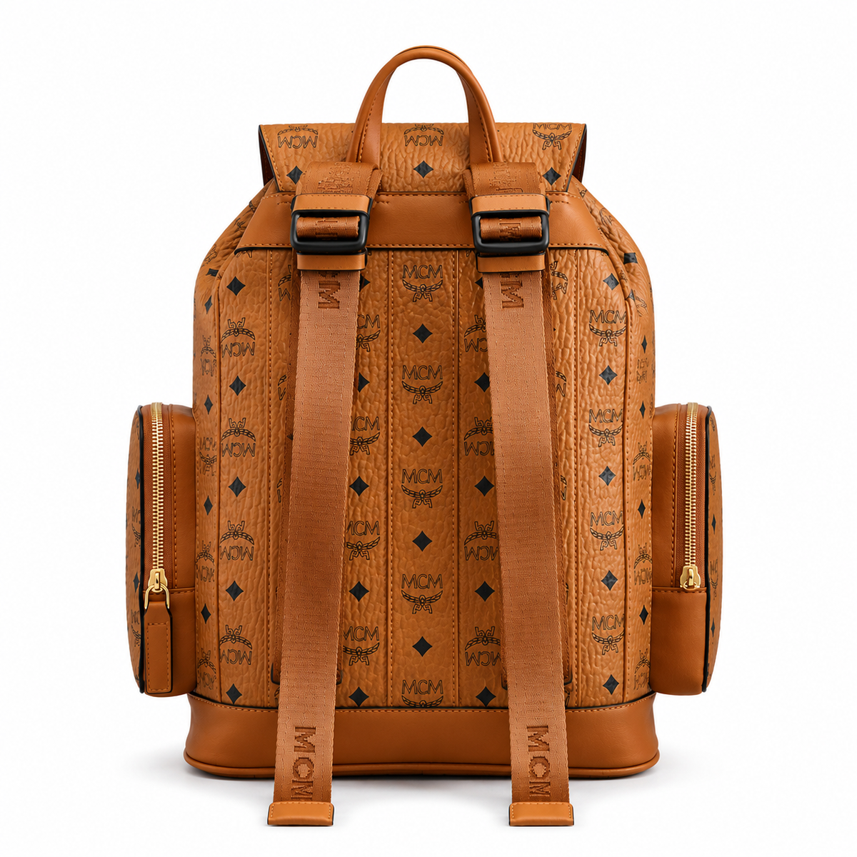 MCM Brandenburg series classic Visetos print cognac brown color + flap drawstring + double side pockets, unisex large-capacity commuter/travel bag