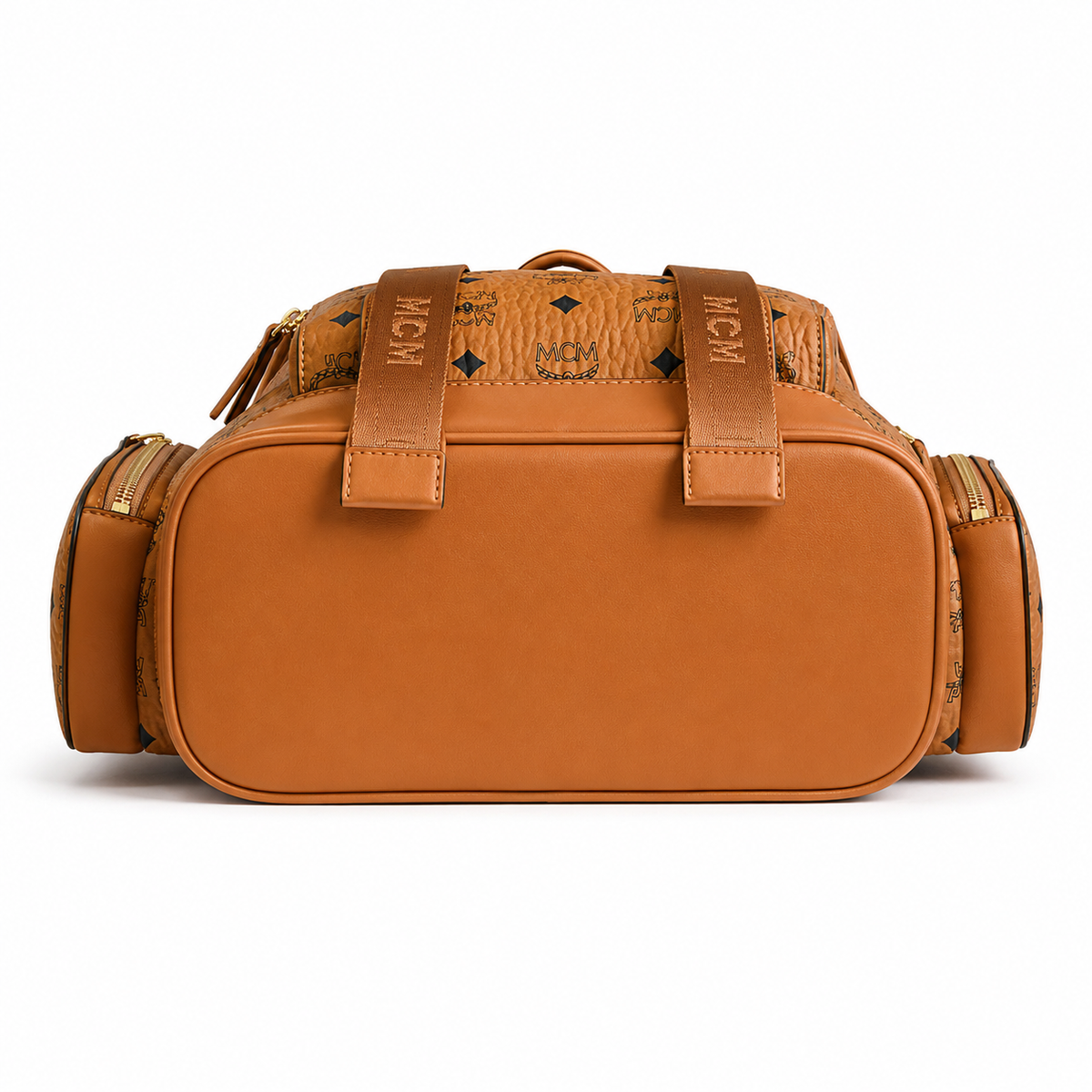MCM Brandenburg series classic Visetos print cognac brown color + flap drawstring + double side pockets, unisex large-capacity commuter/travel bag
