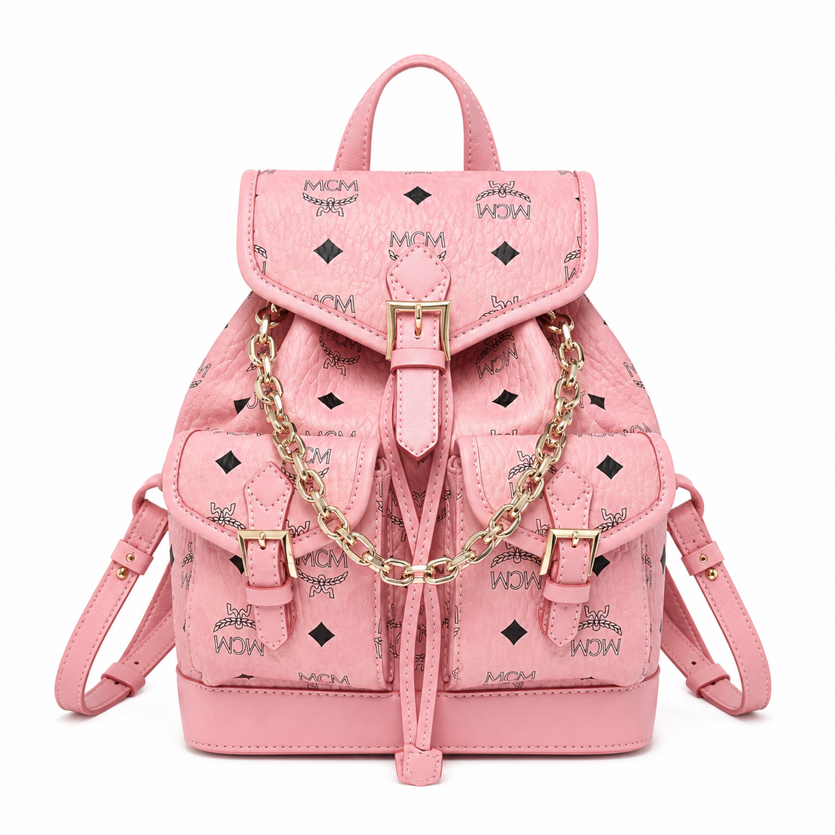 MCM Aren series mini drawstring chain bag in cherry blossom pink with flap drawstring a stylish mini backpack/travel bag for women perfect for commuting or outings