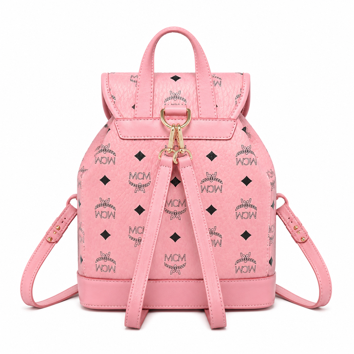MCM Aren series mini drawstring chain bag in cherry blossom pink with flap drawstring a stylish mini backpack/travel bag for women perfect for commuting or outings