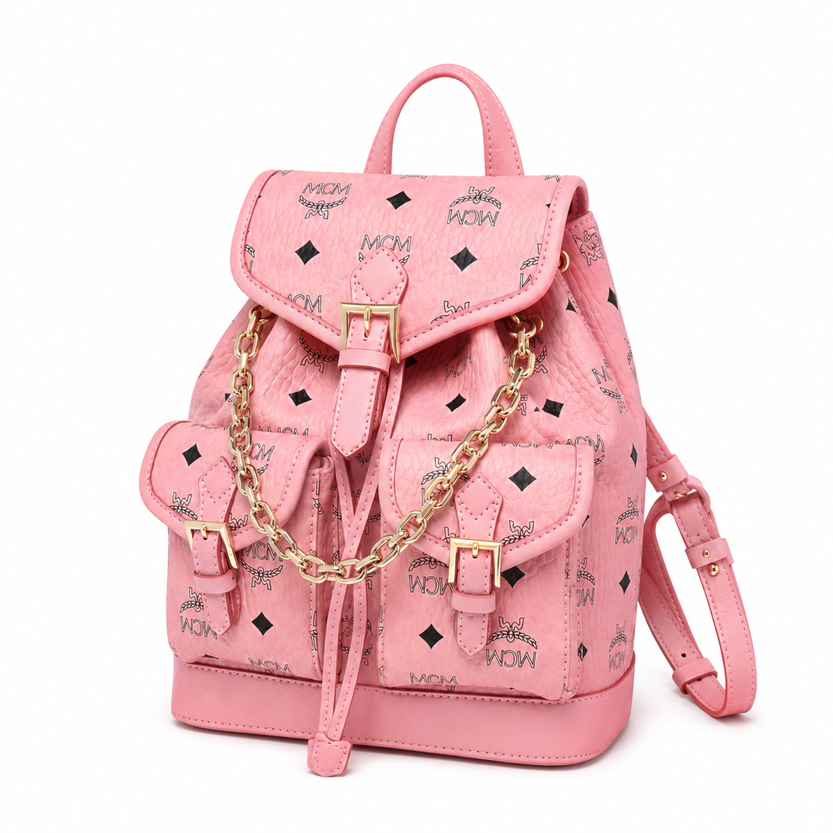MCM Aren series mini drawstring chain bag in cherry blossom pink with flap drawstring a stylish mini backpack/travel bag for women perfect for commuting or outings